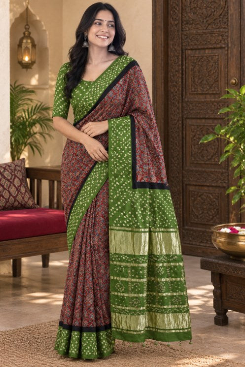 Beautiful Hand-Crafted Modal Silk Bandhani + Ajrakh Hand Block print Saree