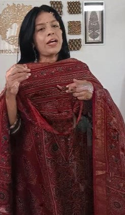 Beautiful Hand Block Printed Ajrakh Maheshwari Silk Cotton Unstitched suit fabric - red