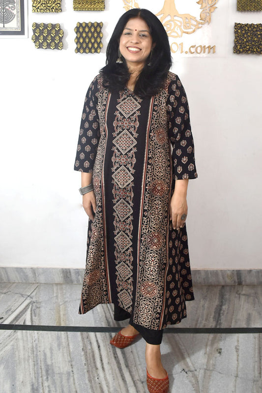 Designer Hand Block Printed Ajrakh cotton Kurta With Mirror Work - Size 38 to 48 ( all sizes)