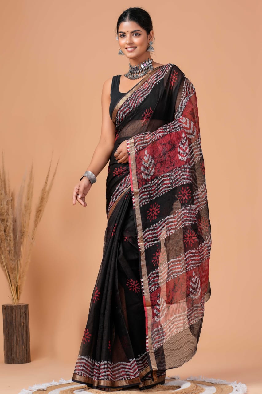 Black Printed Cotton Kota Saree With Red Woven Border