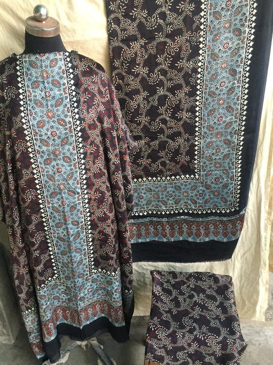 Designer Ajrakh Modal Silk Unstitched suit with  Neck yoke / panel design - 3 piece set