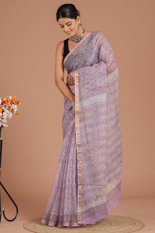 Beautiful Hand Block Printed Kota cotton Saree with zari border