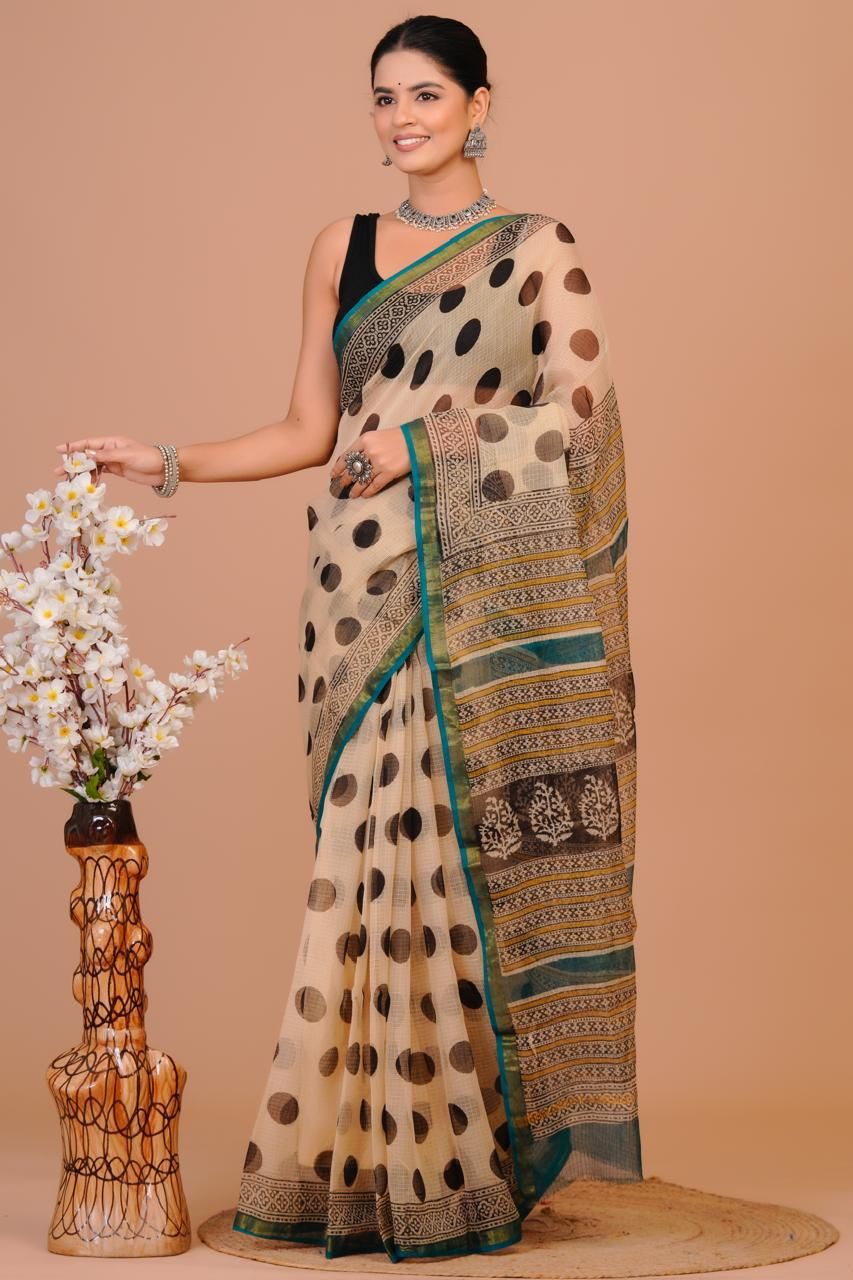 Beautiful Hand Block Printed Kota cotton Saree with zari border