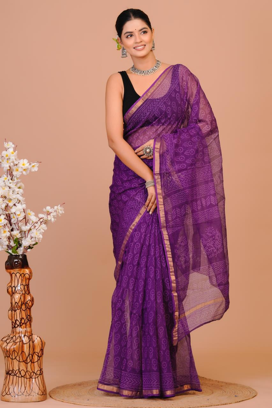 Beautiful Hand Block Printed Kota cotton Saree with zari border