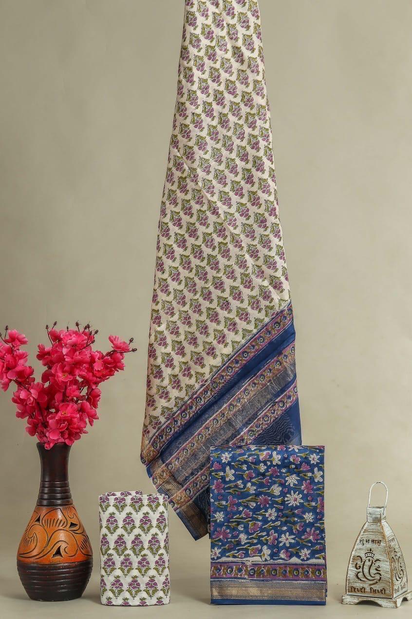 Elegant Sanganer Hand Block Printed Maheshwari Unstitched suit fabric