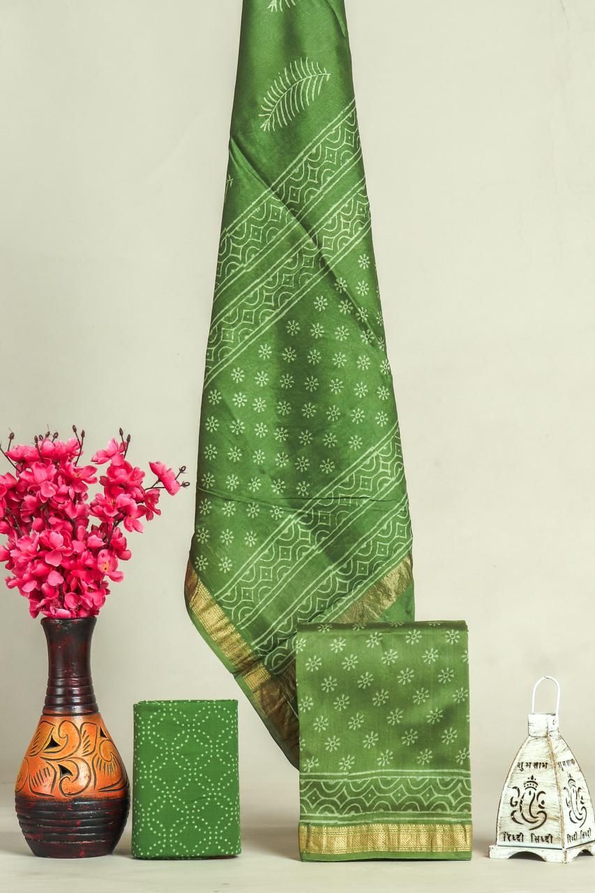 Beautiful Hand Block Printed  Maheshwari Silk Cotton Unstitched suit fabric - 3 pc set