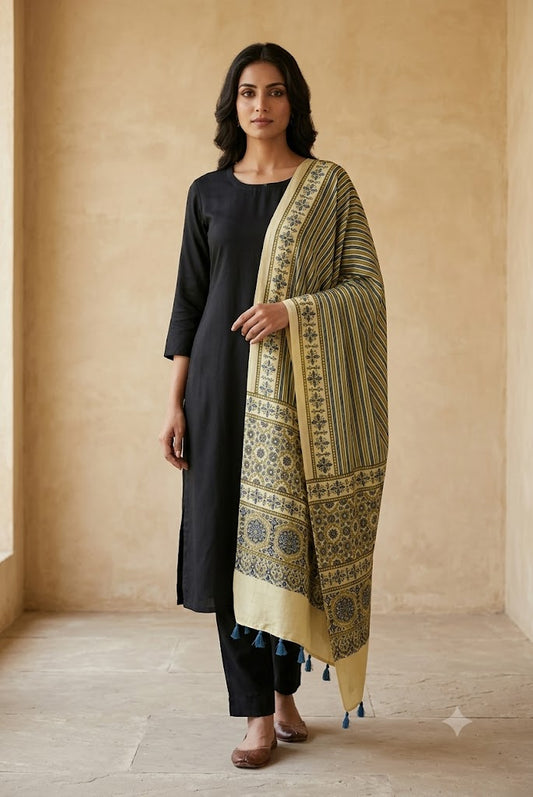 Beautiful Hand Block Printed Ajrakh Modal Silk stole with Tassels