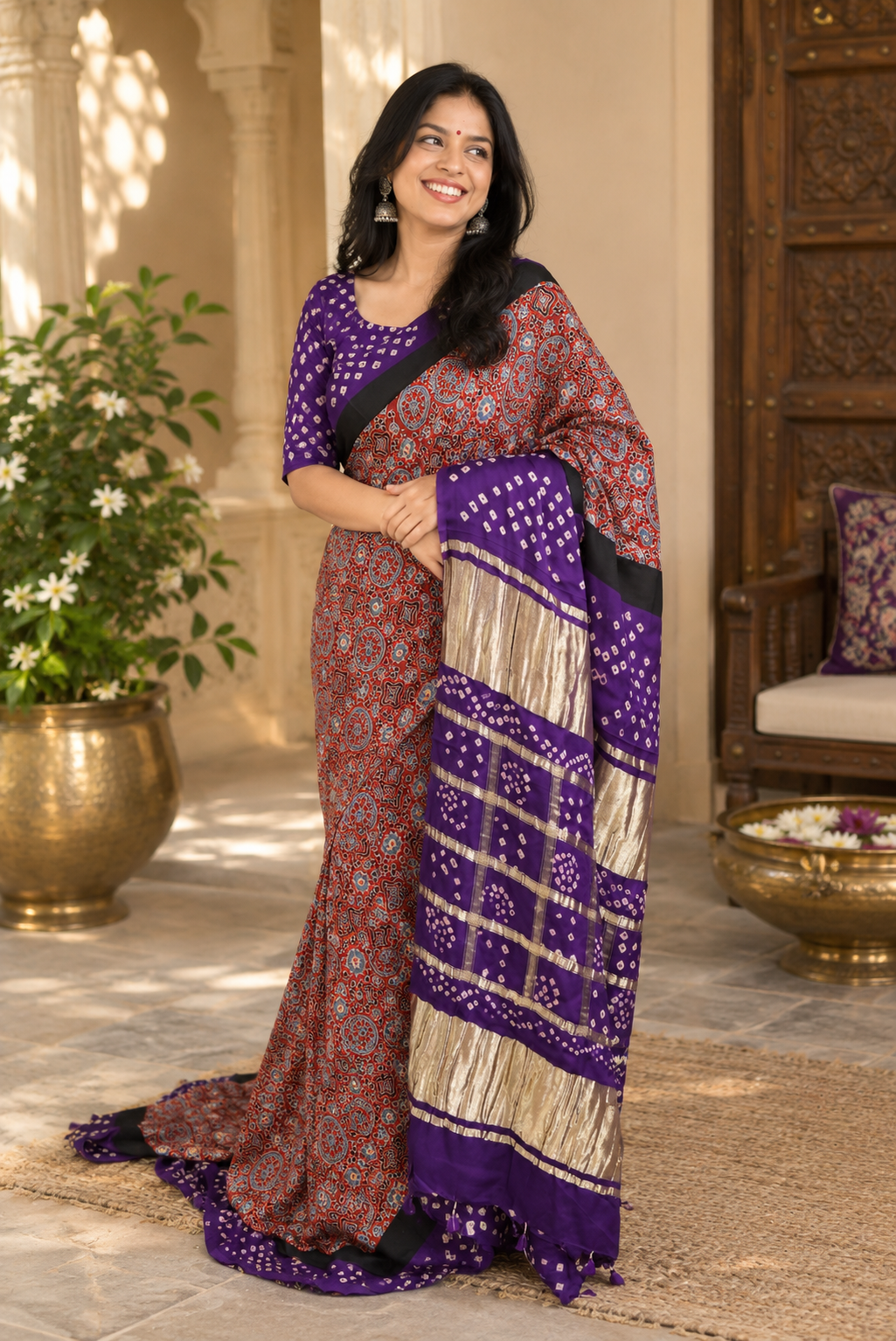Beautiful Hand-Crafted Modal Silk Bandhani + Ajrakh Hand Block print Saree