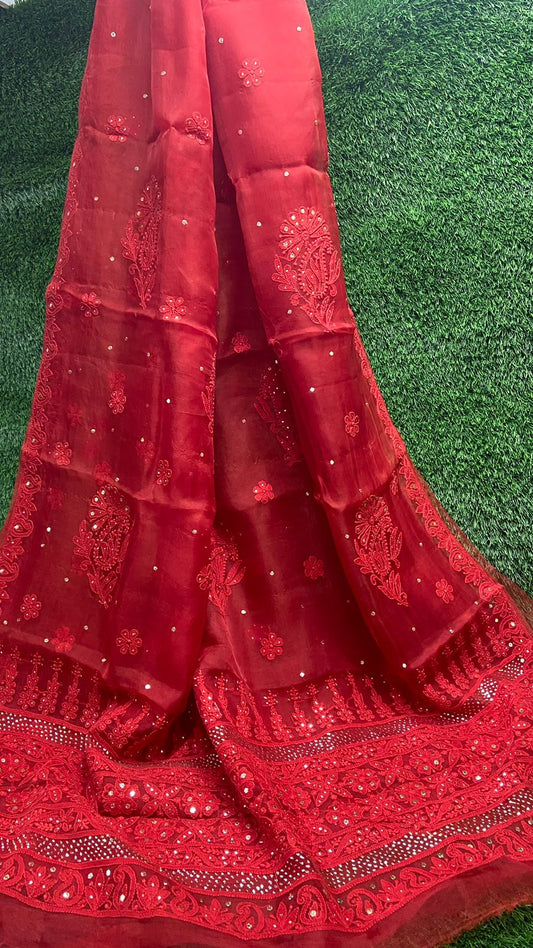 Lucknowi Chikan & Muqaish work Soft pure Organza silk  Saree with blouse