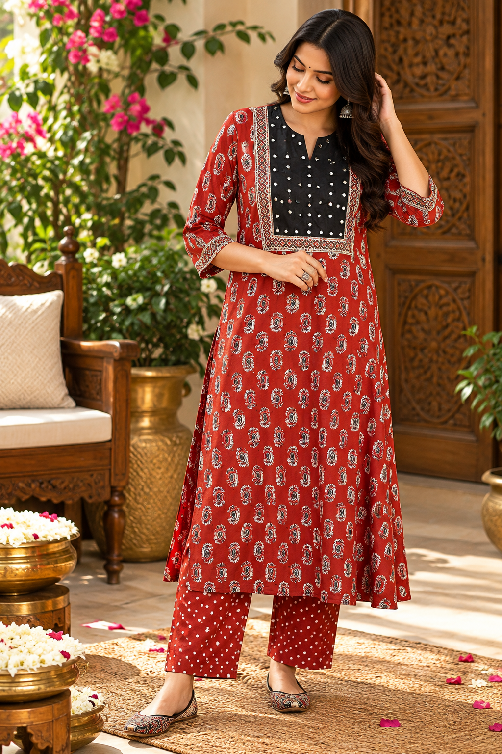 Designer Ajrakh Modal Silk Kurta & Pant With Mirror Work - Size 40 to 46 ( all sizes)