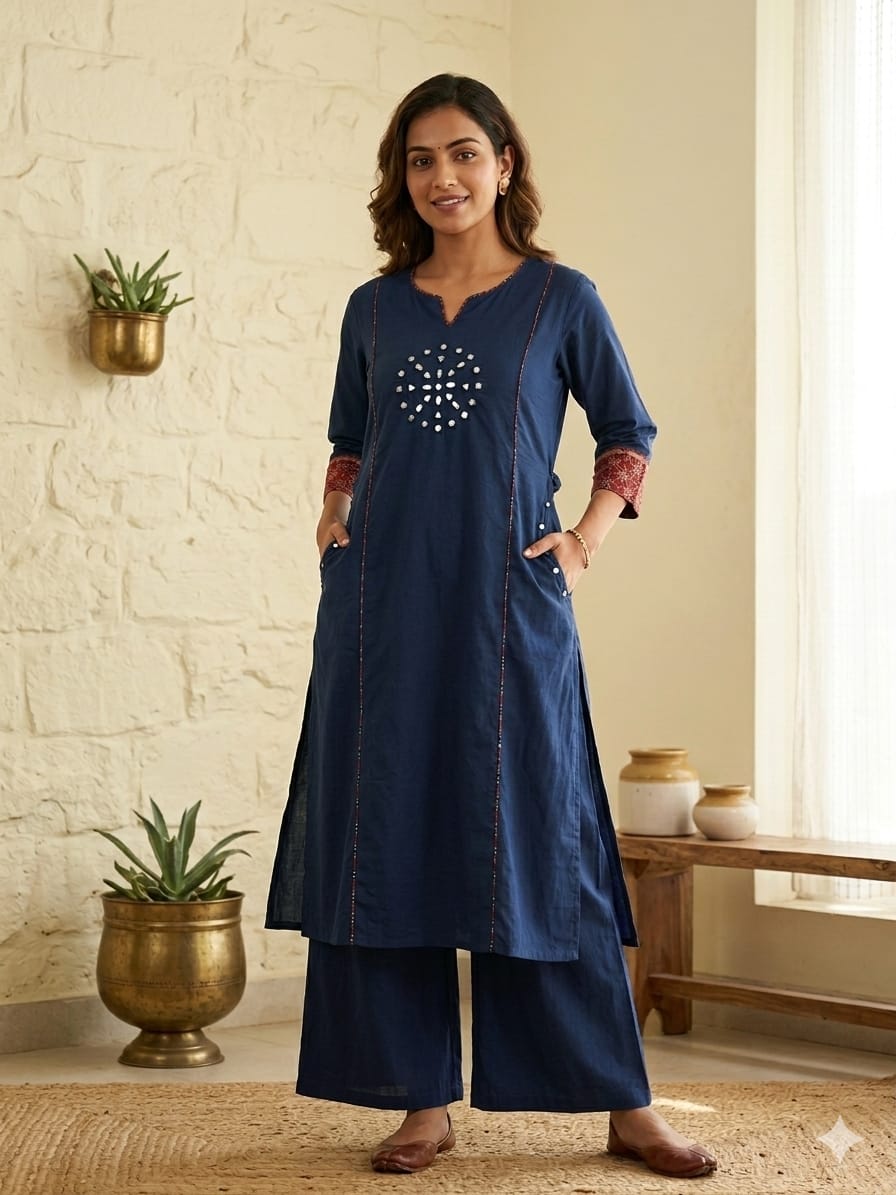 Designer Ajrakh cotton Kurta With Mirror Work - Size 38 to 52 ( all sizes)