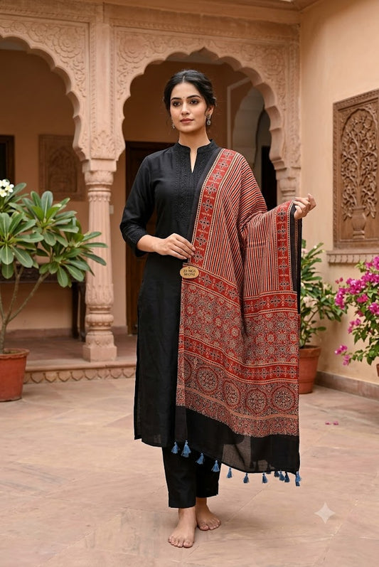 Beautiful Hand Block Printed Ajrakh Modal Silk stole with Tassels
