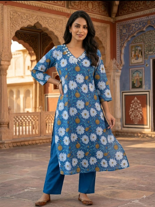 Designer Hand Block Printed cotton Kurta With Mirror Work - Size 40 to 46 ( all sizes)