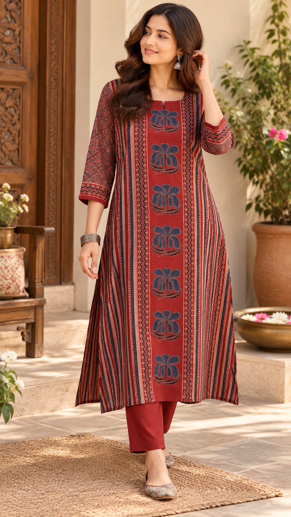 Designer Ajrakh Hand Block Printed Linen Kurta - Size 38 to 46 ( all sizes)