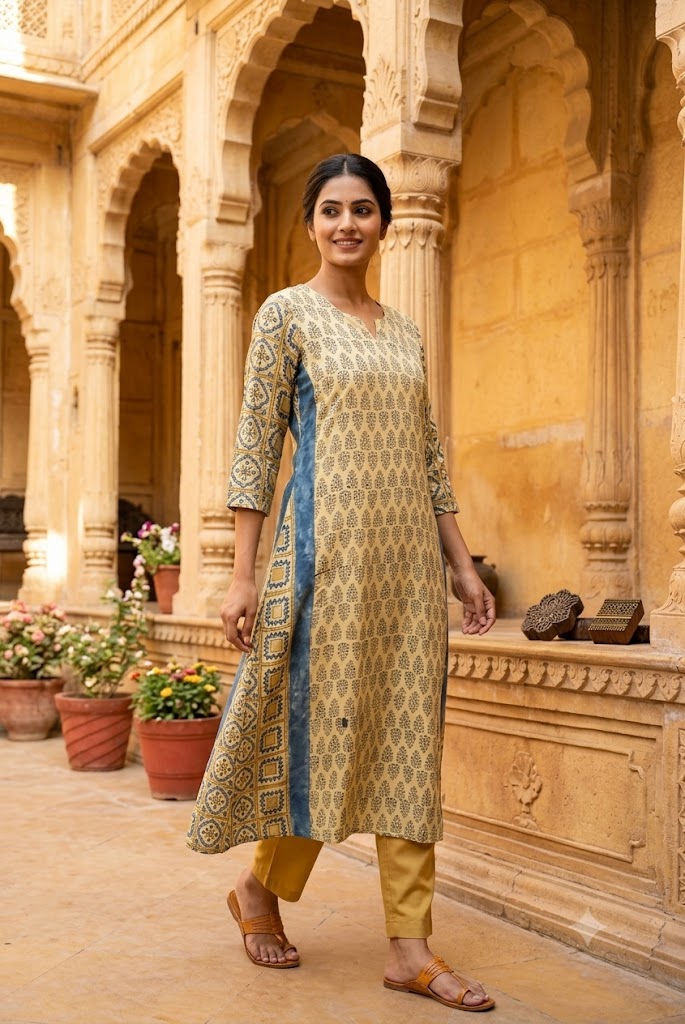Beautiful Hand Block Printed Ajrakh Modal Silk Kurta, Size 40 to 44