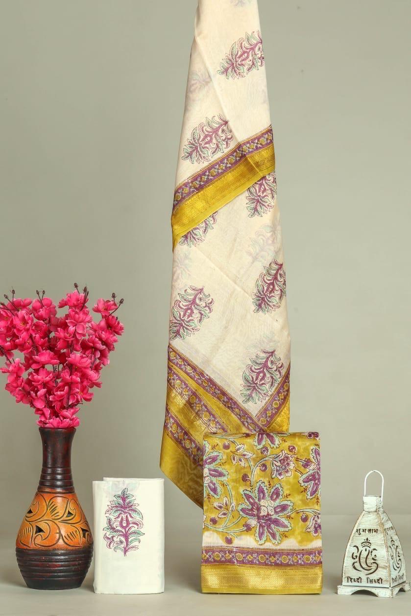 Elegant Sanganer Hand Block Printed Maheshwari Unstitched suit fabric
