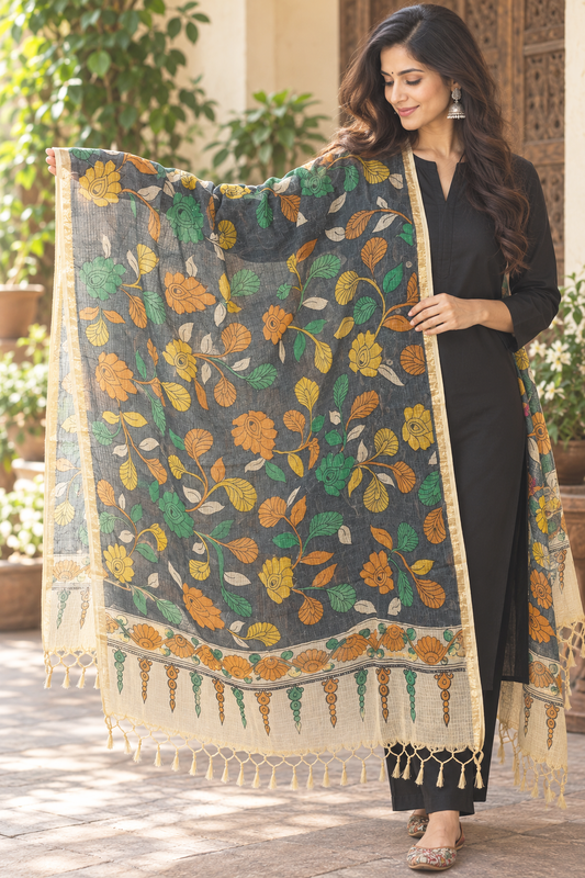 Beautiful  Kota Cotton Hand Painted Kalamkari Dupatta