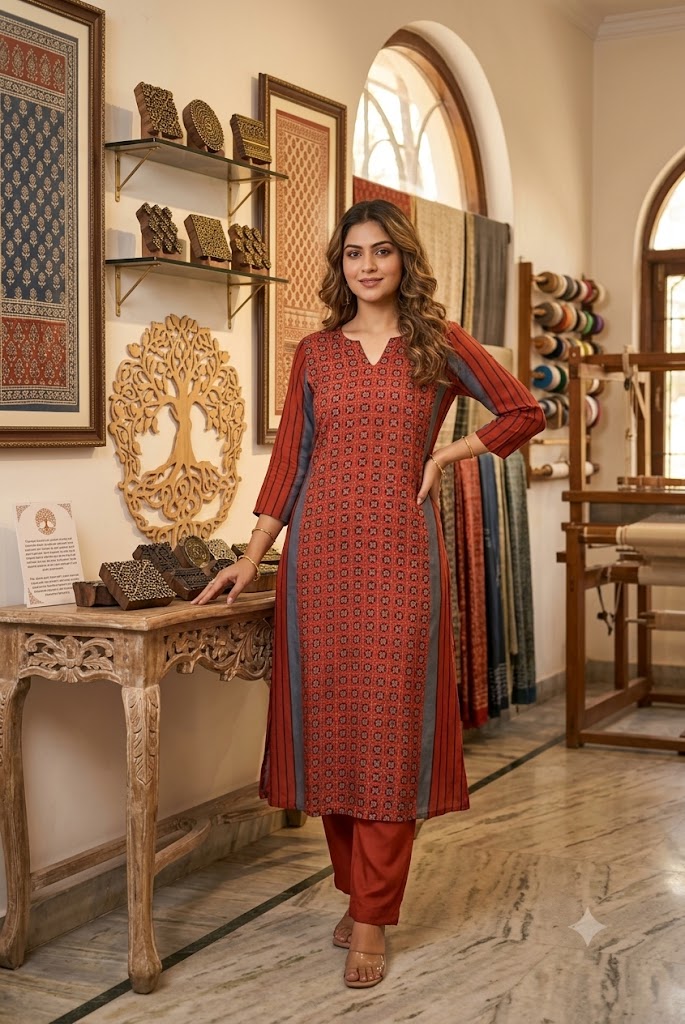Beautiful Hand Block Printed Ajrakh Modal Silk Kurta, Size 40 to 44