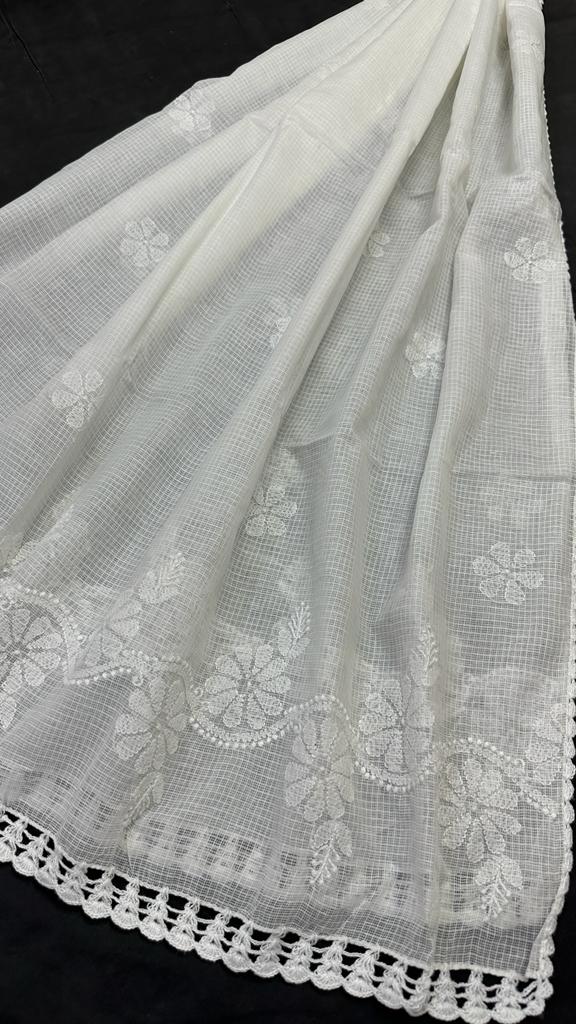 Handcrafted Kota Cotton Dupatta with Chikankari embroidery & crochet borders - Dyeable base