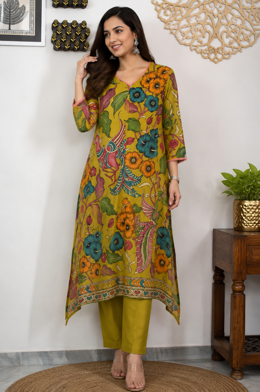 Designer Hand Printed Kalamkari Bangalore silk Kurta