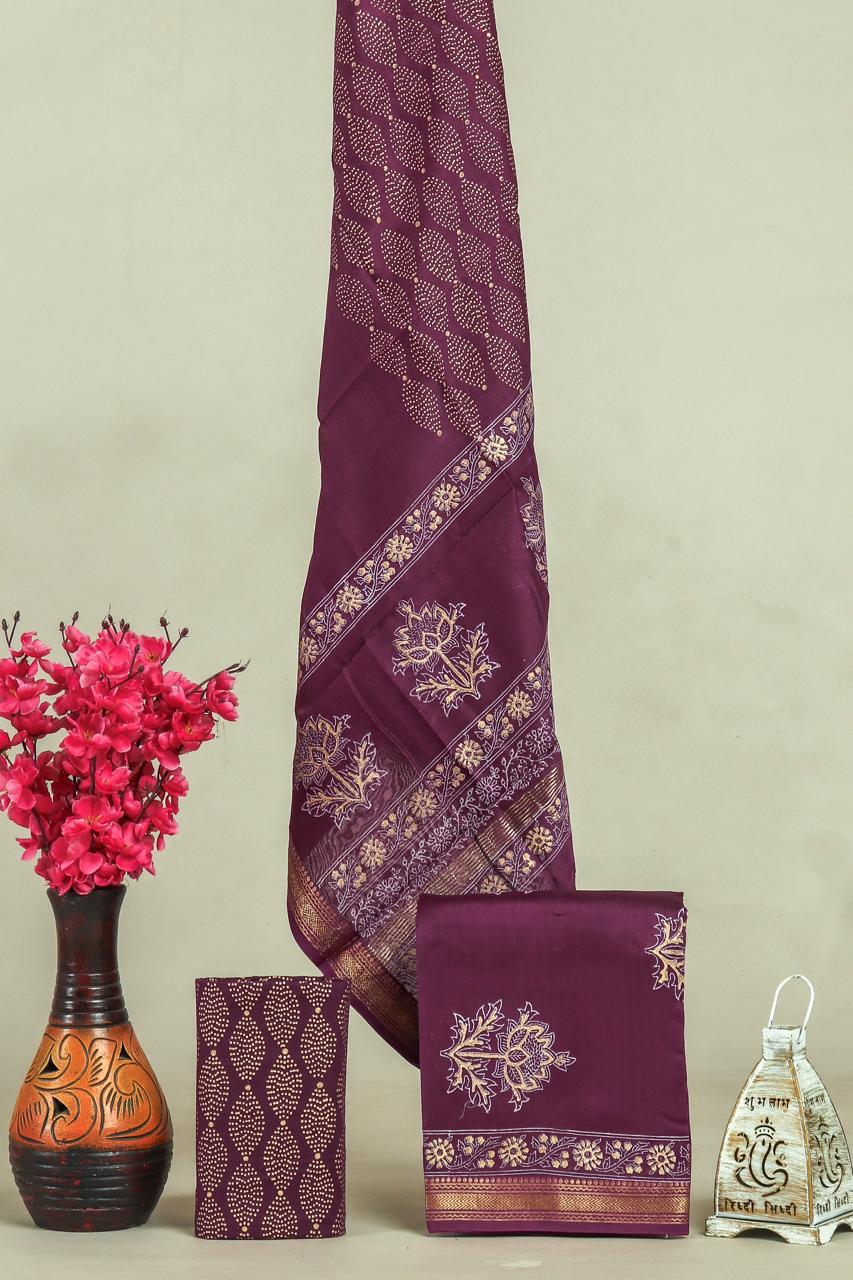 Beautiful Hand Block Printed  Maheshwari Silk Cotton Unstitched suit fabric - 3 pc set