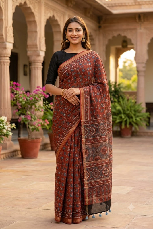Elegant & Earthy Hand Block Printed Ajrakh Maheshwari Saree