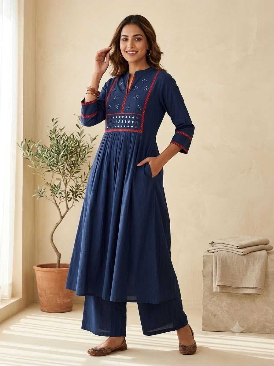Designer Hand Block Printed cotton Kurta With Mirror Work - Size 40 to 48 ( all sizes)
