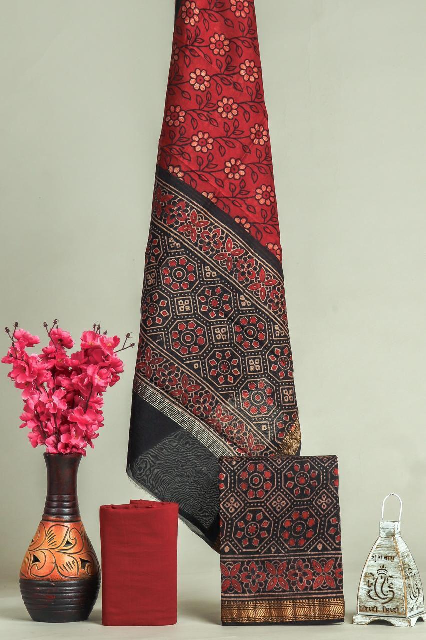 Beautiful Hand Block Printed Vanaspati Ajrakh Maheshwari Silk Cotton Unstitched suit fabric - 3 pc set