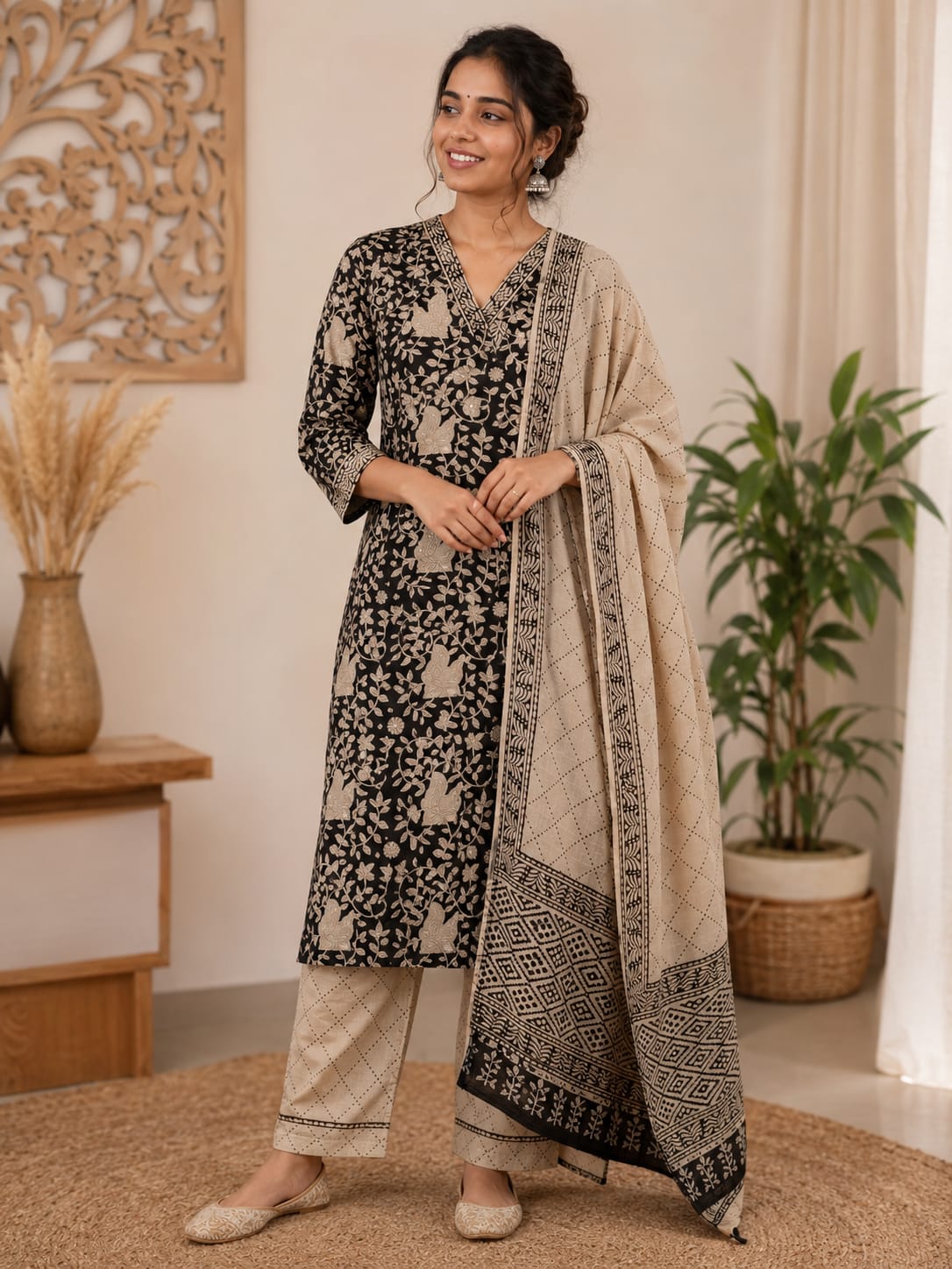 Hand Block Printed Cotton suit with Hand Embroidery - Kurta , Cotton Dupatta & Pant - size 38, 40, 42, 44, 46