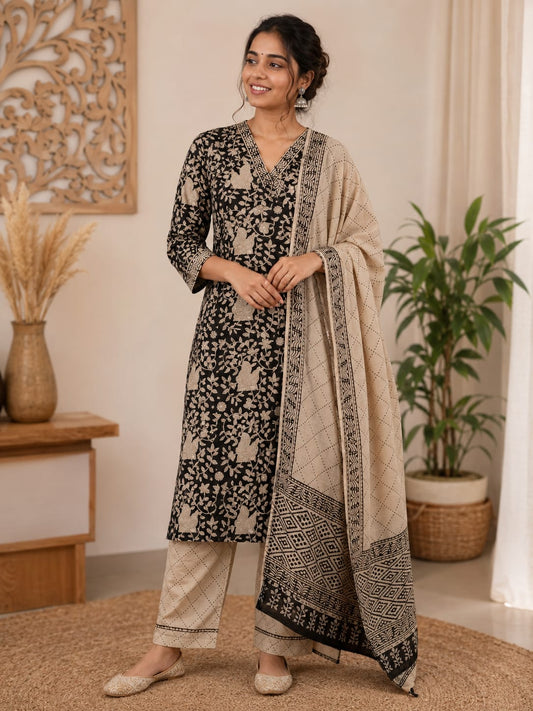 Hand Block Printed Cotton suit with Hand Embroidery - Kurta , Cotton Dupatta & Pant - size 38, 40, 42, 44, 46