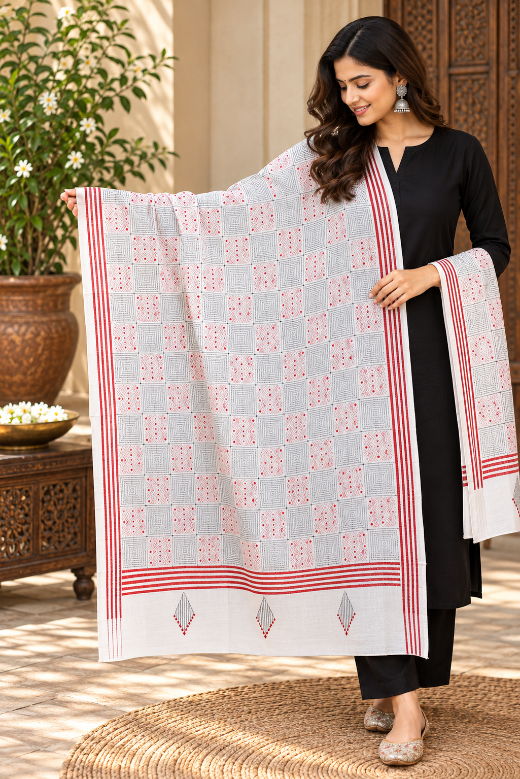 Hand embroidered Cotton Dupatta with Bengal Kantha work