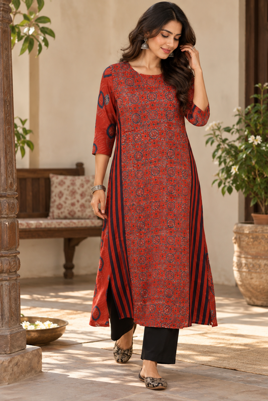 Beautiful Hand Block Printed Ajrakh Modal Silk Kurta, Size 38  to 44