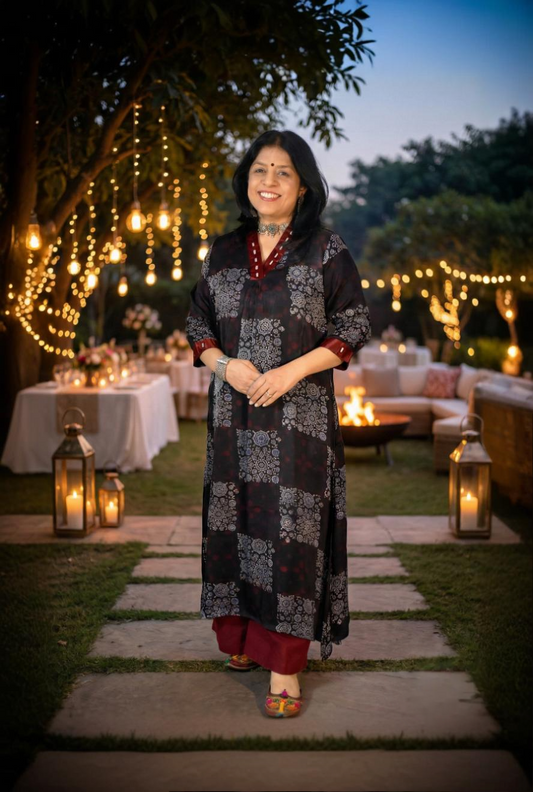 Beautiful Ajrakh Modal Silk Kurta with Kutch Mirror Work size - 38 - 44