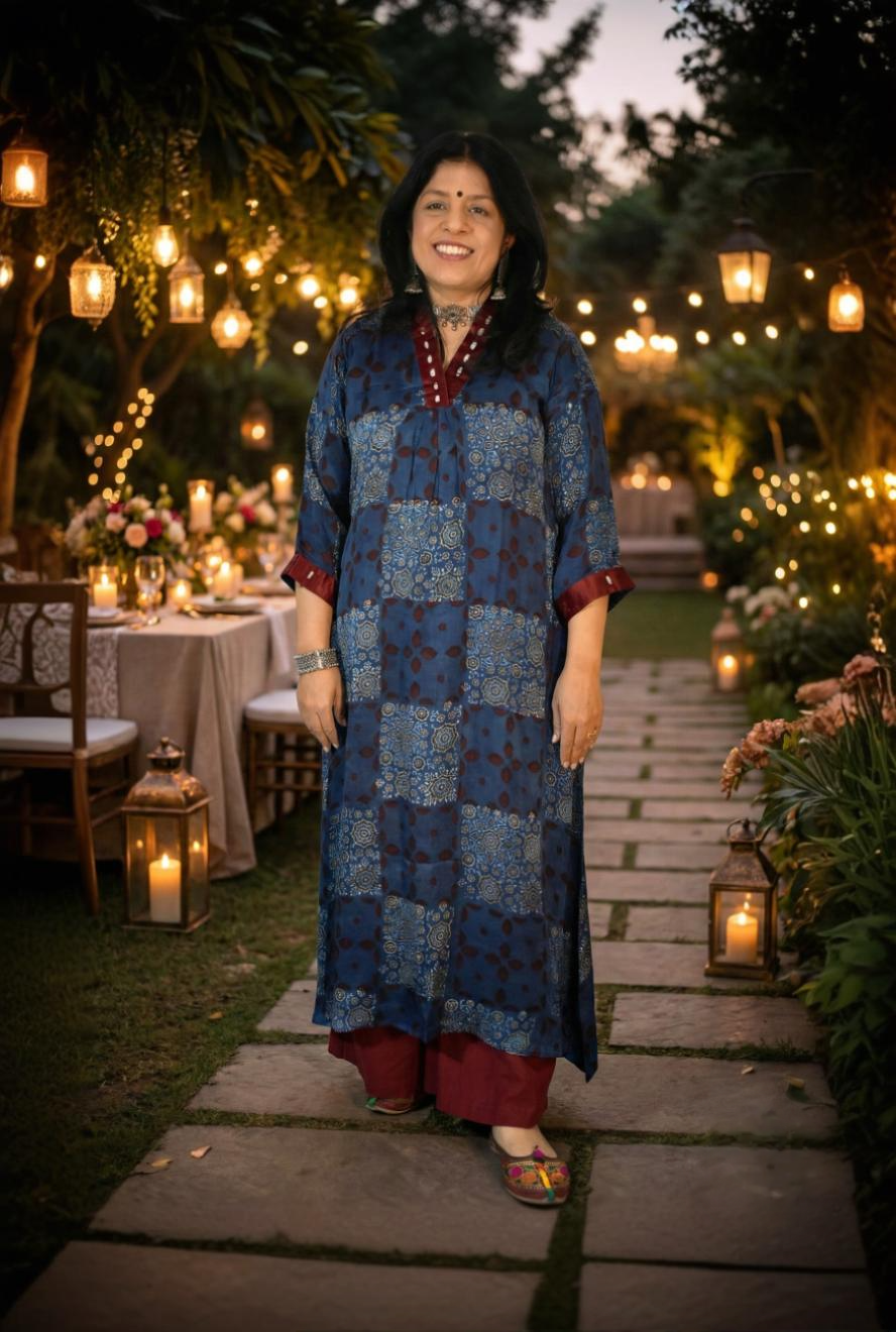 Beautiful Ajrakh Modal Silk Kurta with Kutch Mirror Work size - 38 - 44