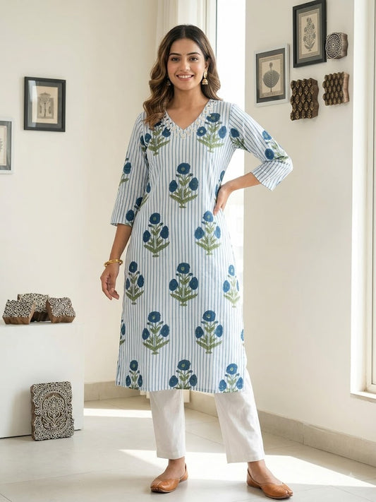 Designer Hand Block Printed cotton Kurta With Mirror Work - Size 40 to 46 ( all sizes)