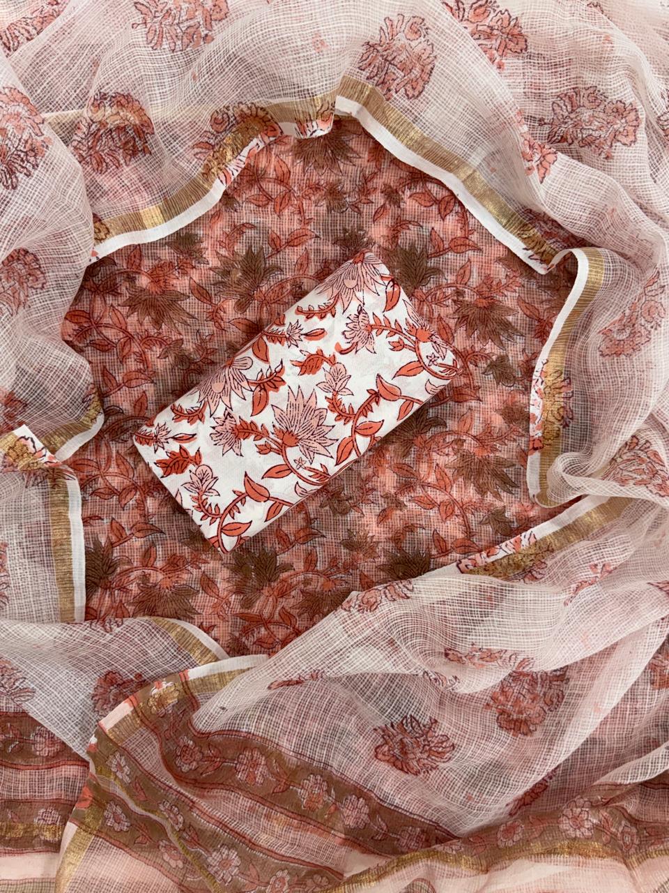 Beautiful Hand Block printed Kota Doria cotton suit