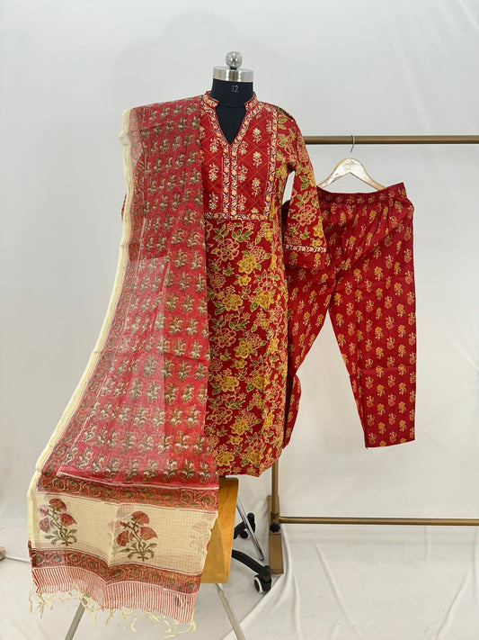 Hand Block Printed Cotton suit with Hand Embroidery - Kurta , Kota Dupatta & Pant - size  36,38, 40, 42, 44, 46, 48