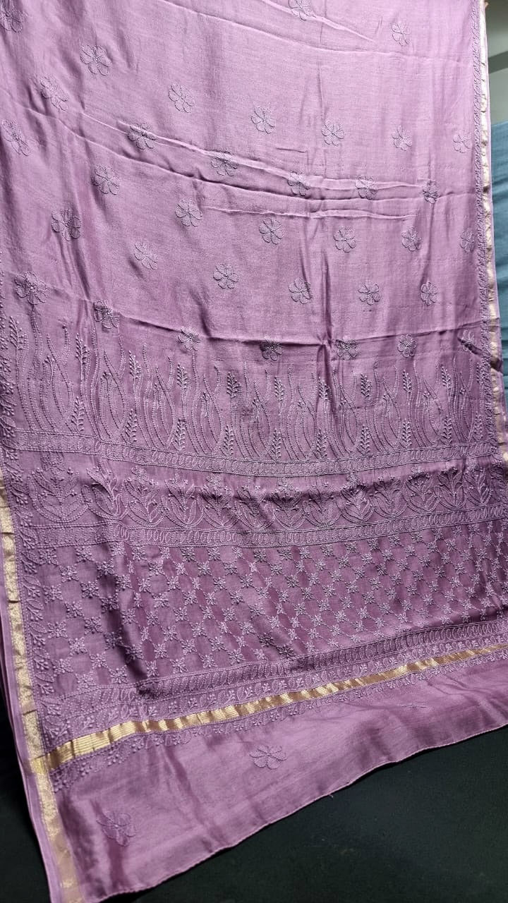 Elegant Chanderi Silk Cotton Saree with Intricate Lucknowi Chikankari work