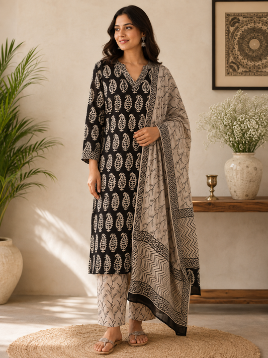Hand Block Printed Cotton suit with Hand Embroidery - Kurta , Cotton Dupatta & Pant - size 38, 40, 42, 44, 46