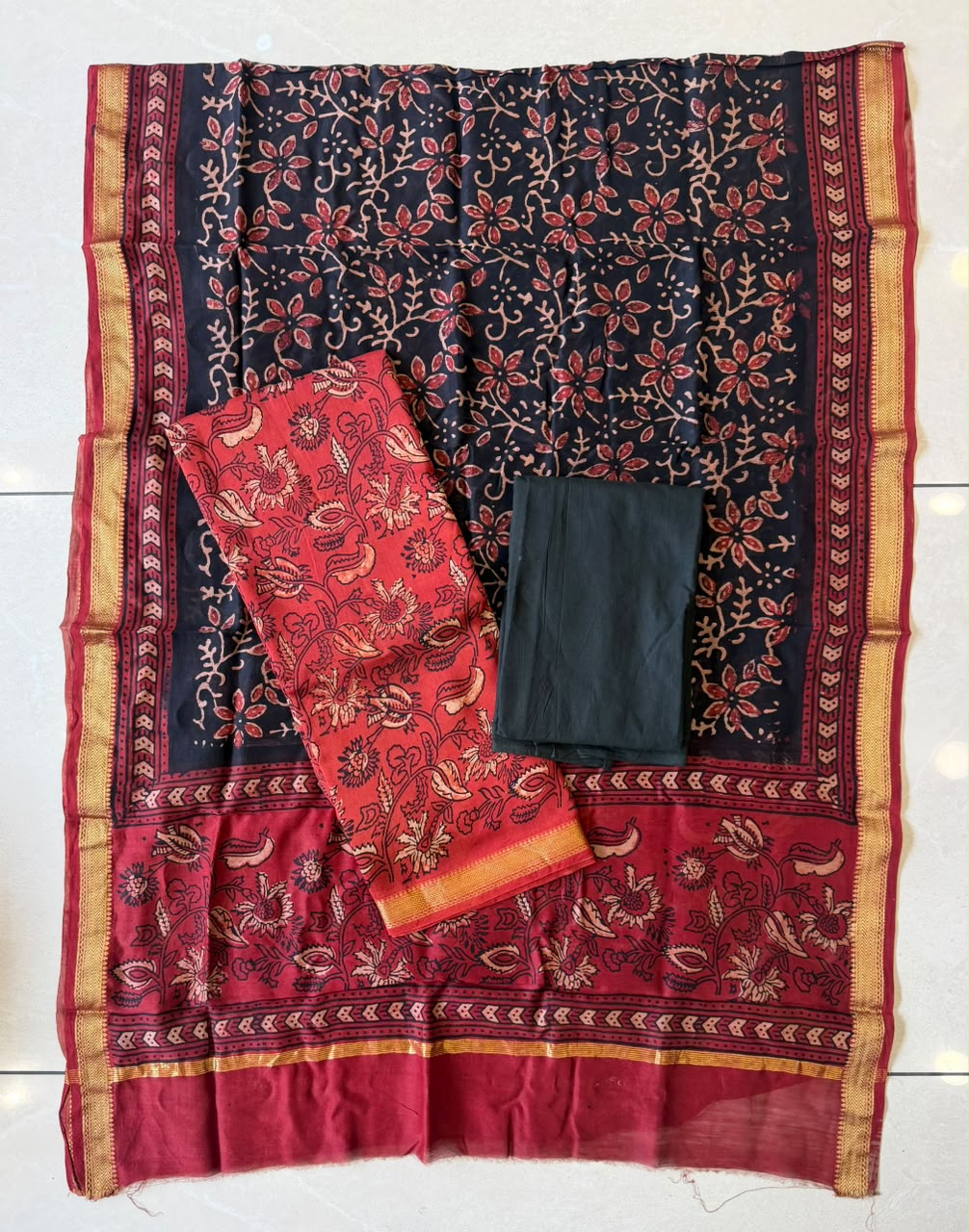 Beautiful Hand Block Printed  Maheshwari Silk Cotton Unstitched suit fabric - 3 pc set