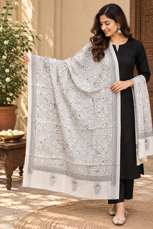 Hand embroidered Cotton Dupatta with Bengal Kantha work