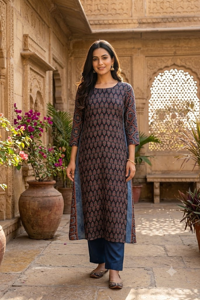Beautiful Hand Block Printed Ajrakh Modal Silk Kurta, Size 40 to 44
