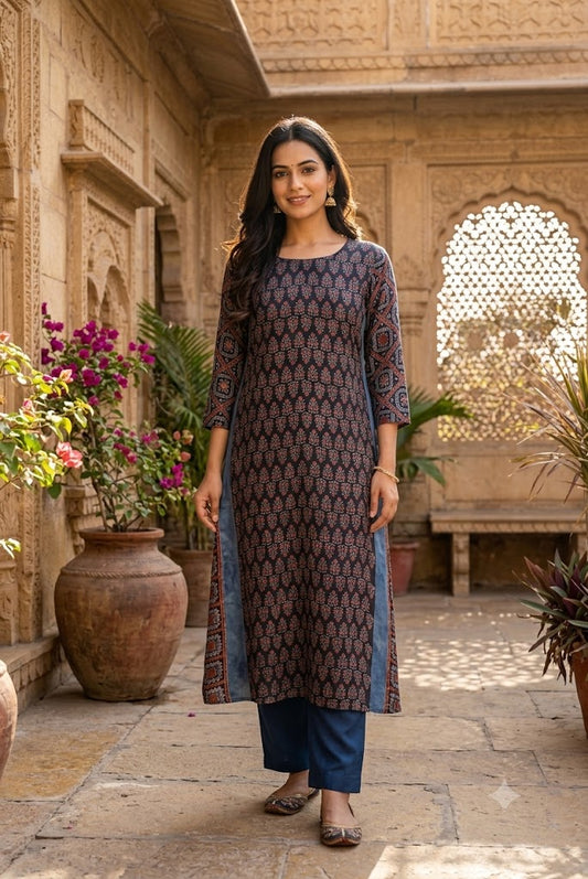 Beautiful Hand Block Printed Ajrakh Modal Silk Kurta, Size 40 to 44