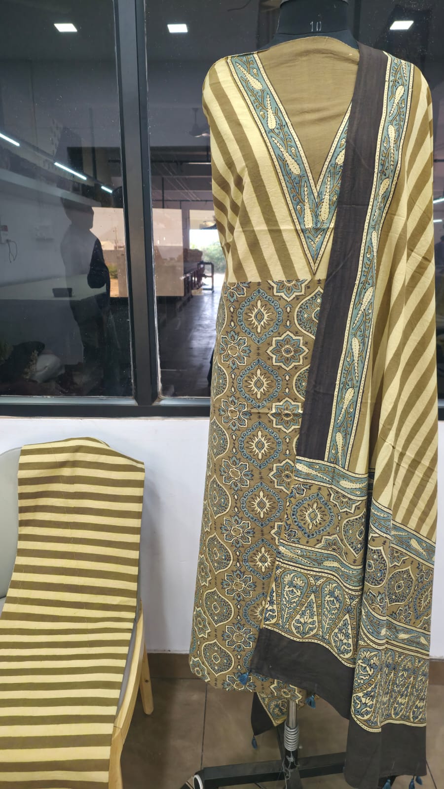 Designer Ajrakh Cotton Unstitched suit with  panel design, Ajrakh Dupatta & Bottom- 3 piece set