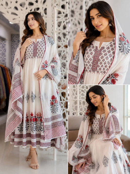 Beautiful Block Printed Cotton suit with Hand Embroidery - Kurta , Cotton Dupatta & Pant - size  38, 40, 42, 44, 46