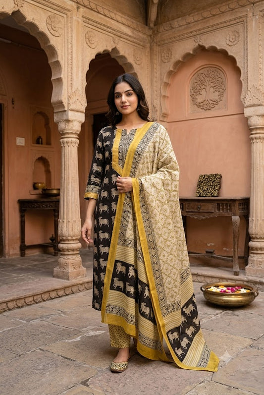 Designer Maheshwari Silk Hand Block Print 3 pc Suit  - 38 to 46 size