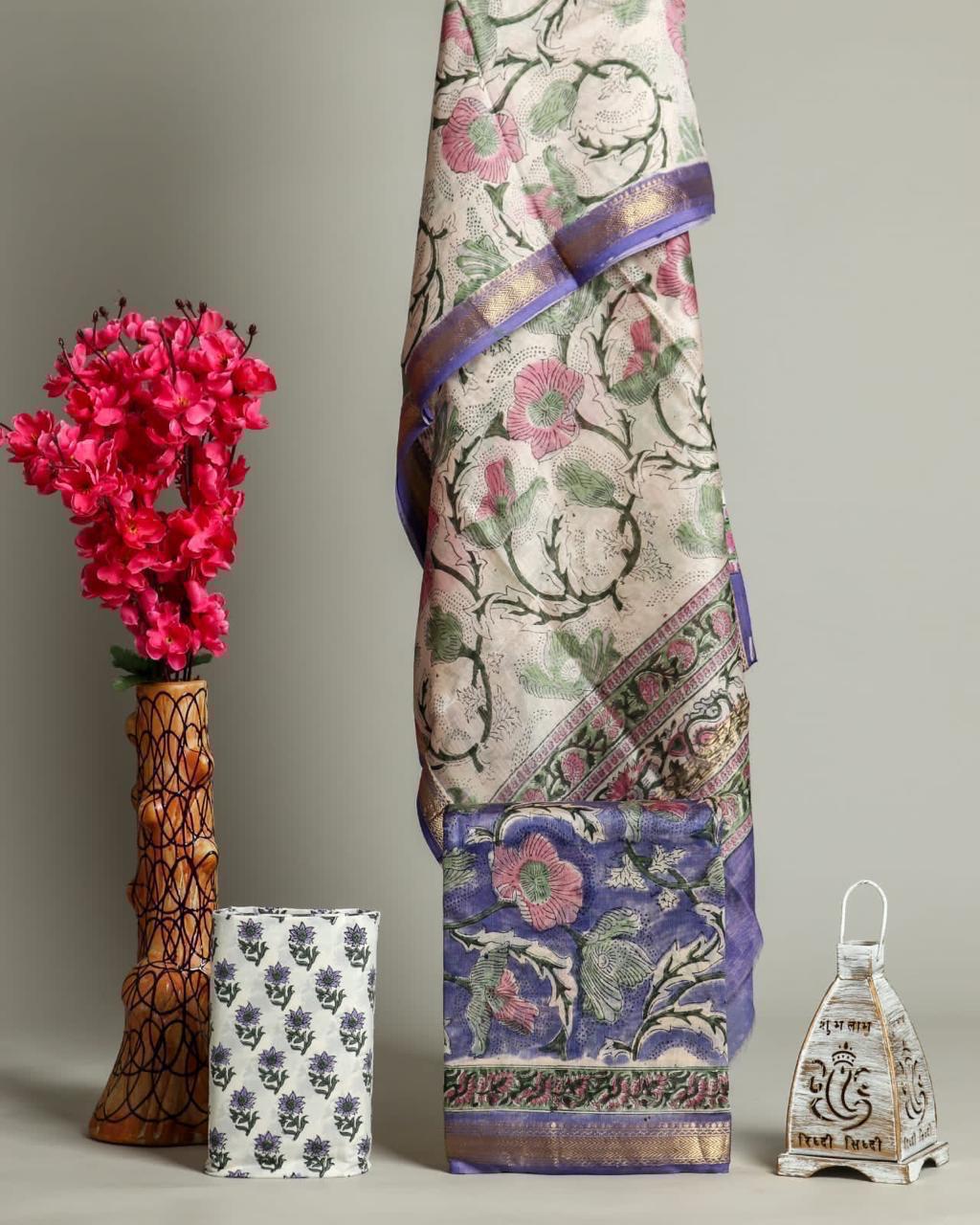 Beautiful Hand Block Printed  Maheshwari Silk Cotton Unstitched suit fabric - 3 pc set