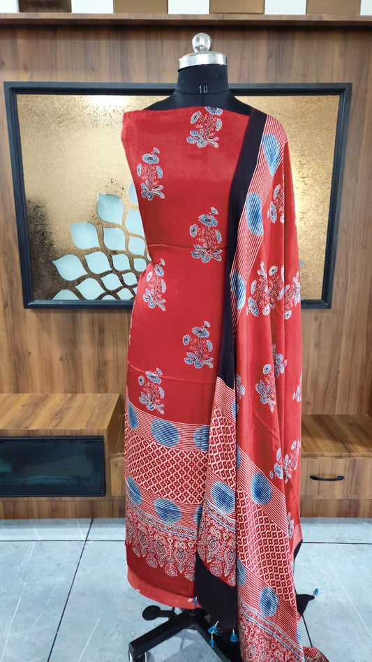 Designer Ajrakh Modal Kurta and Dupatta Set with  Neck yoke and panel design