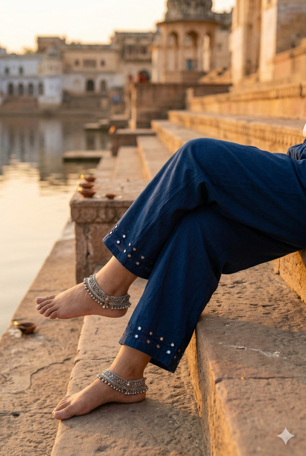 Elegant Cotton Pant With Kutch Mirror Work - Blue  (Size - 38 - 46)