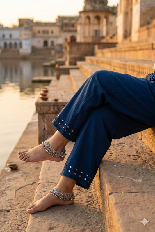 Elegant Cotton Pant With Kutch Mirror Work - Blue  (Size - 38 - 46)